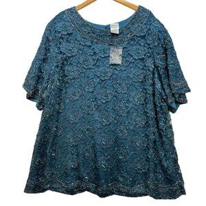 Candlelight & Champagne  Womens Beaded Lace Top Blouse Plus Size 30W Teal